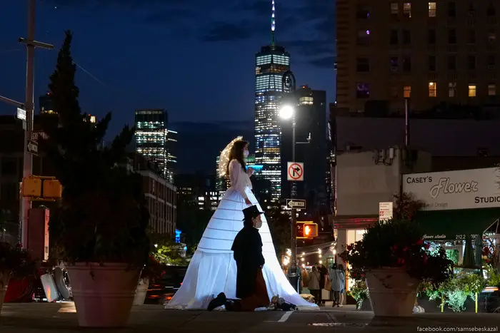 A photo of a couple taking wedding photos in Manhattan